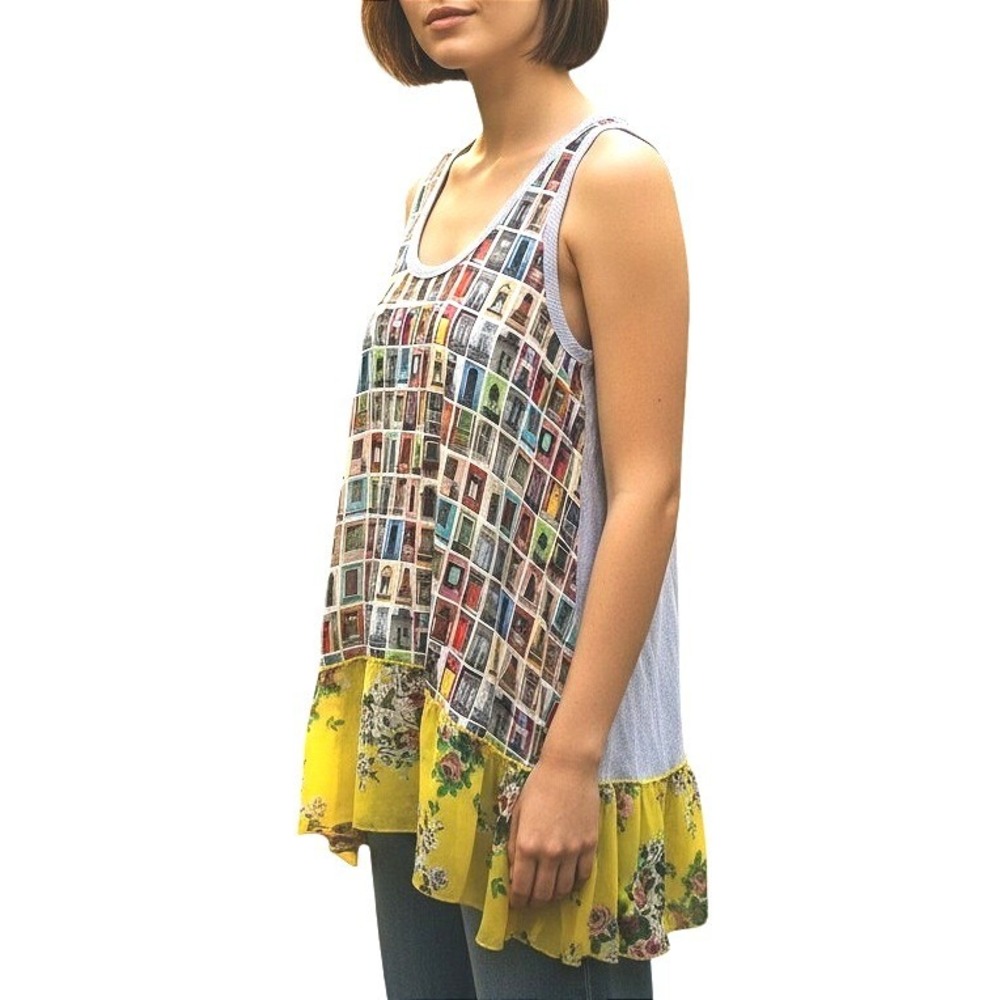 Ivy Jane Womens Small Mixed Media Door Print Pinstripe Floral Ruffle‎ Tank Top